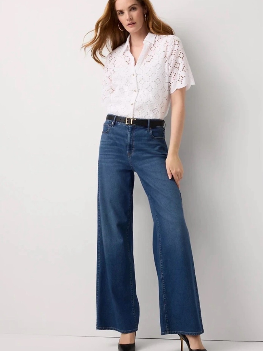 White House Black Market Elbow Sleeve Lace Cotton Shirt (White) – Size Small